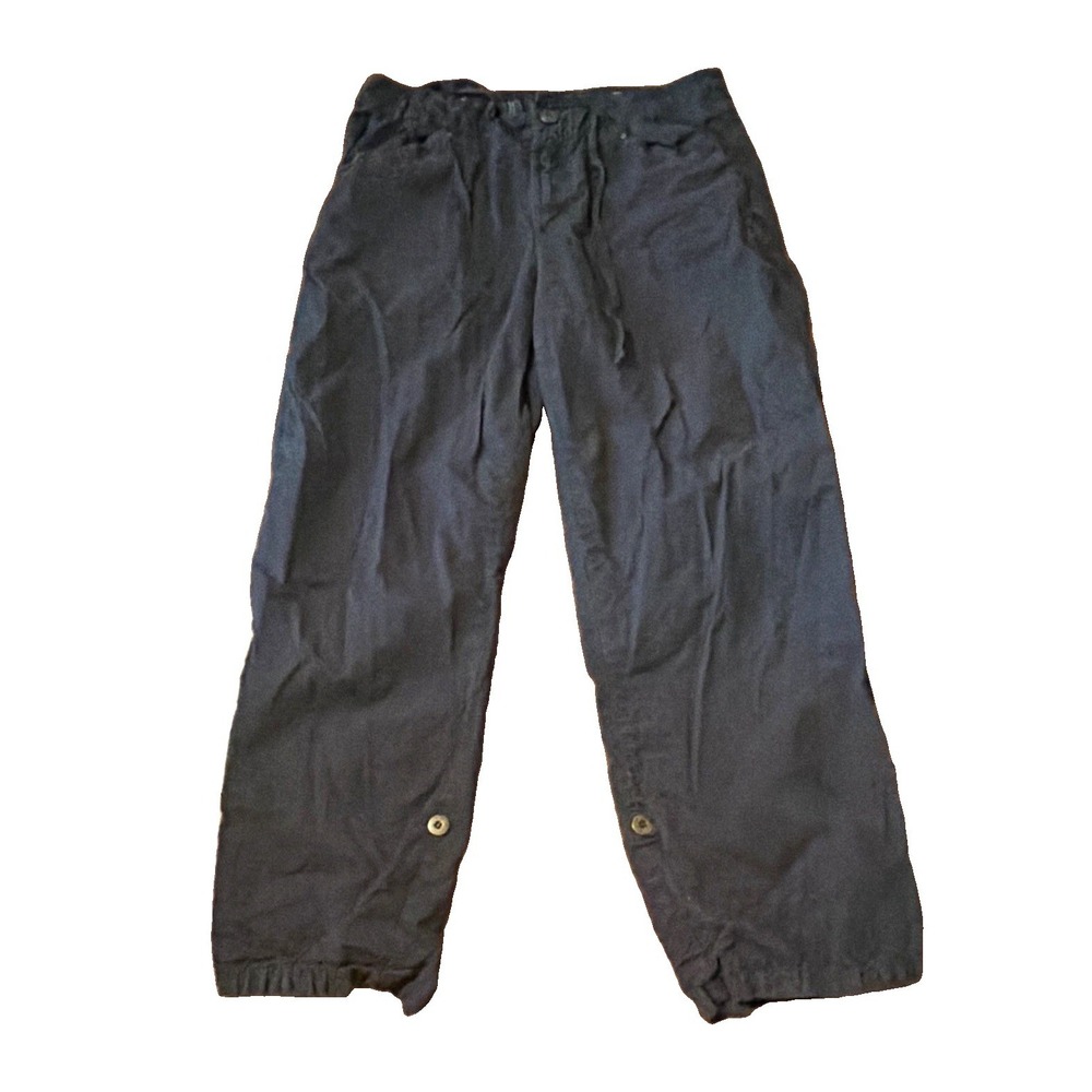 Fresh Produce Womens Black Pants S Drawstring Roll Tab Button Stretch Pockets